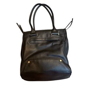 Black Pebbled Faux Leather Tote Bag Gold Hardware Expandable Side Zips